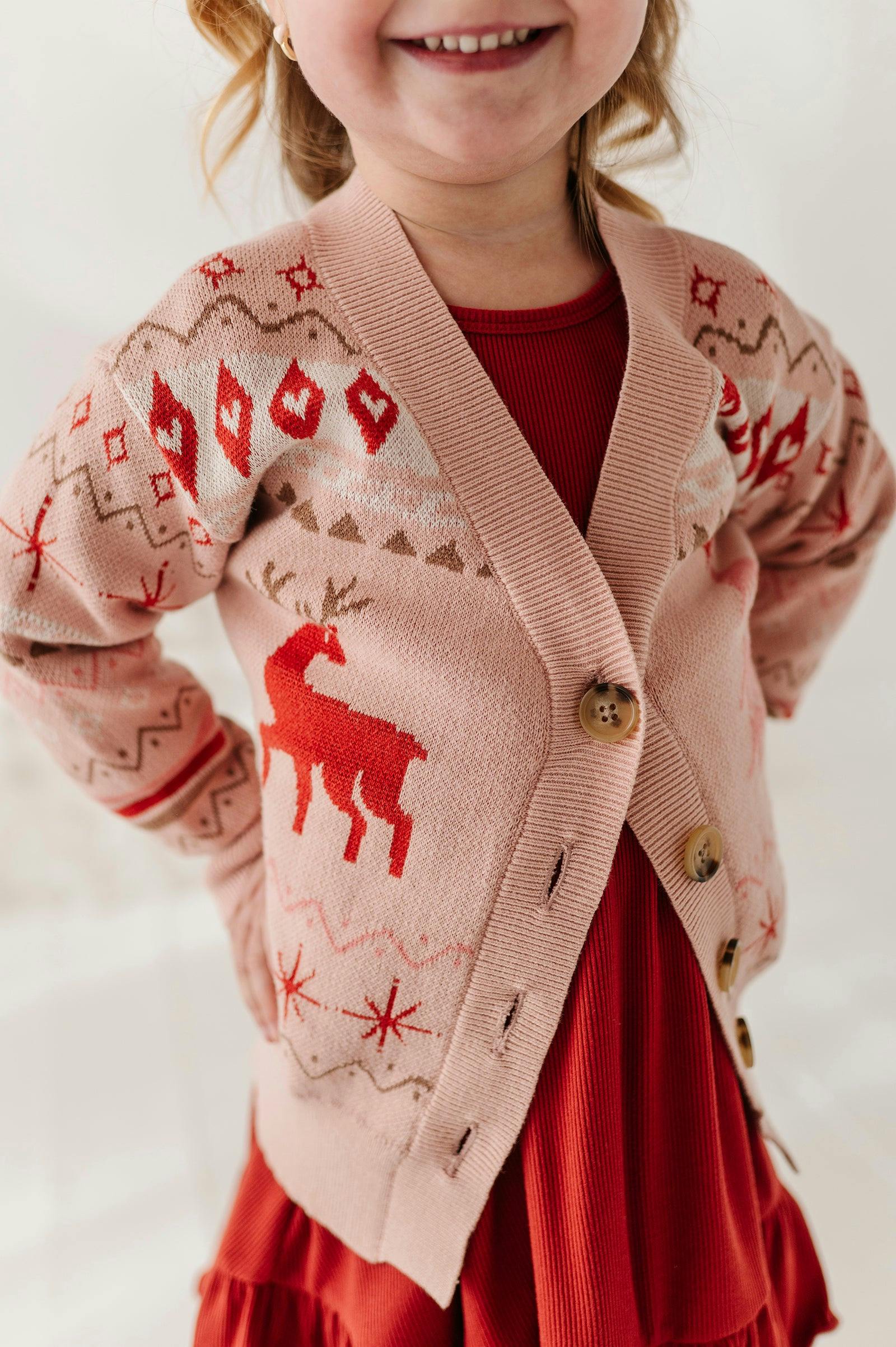 Girls Long Sleeve Jacquard Christmas Knit Sweater in Reindeer