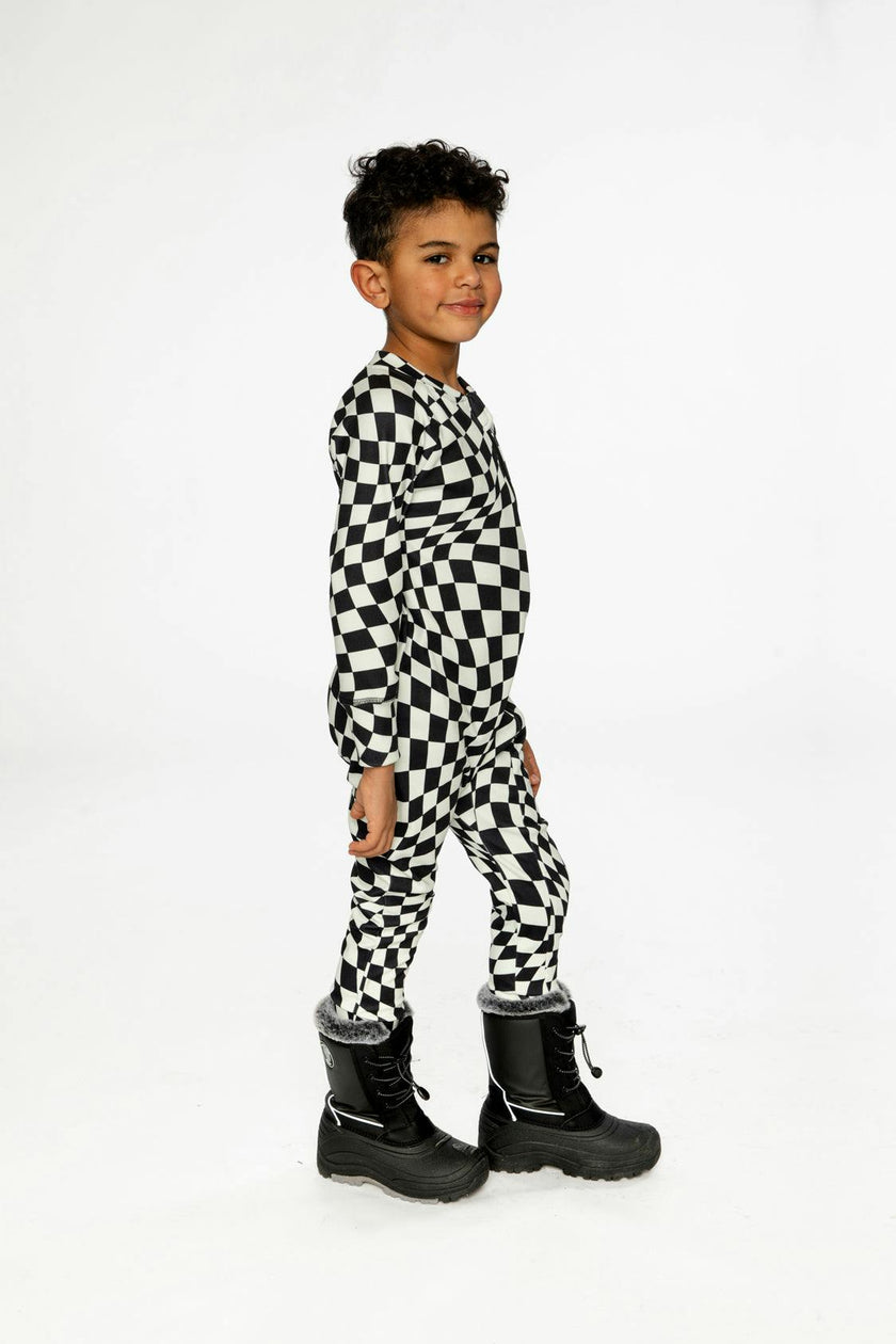 One Piece Thermal Underwear White Checkered Print
