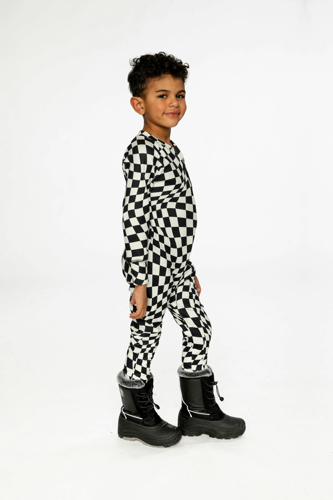 One Piece Thermal Underwear White Checkered Print