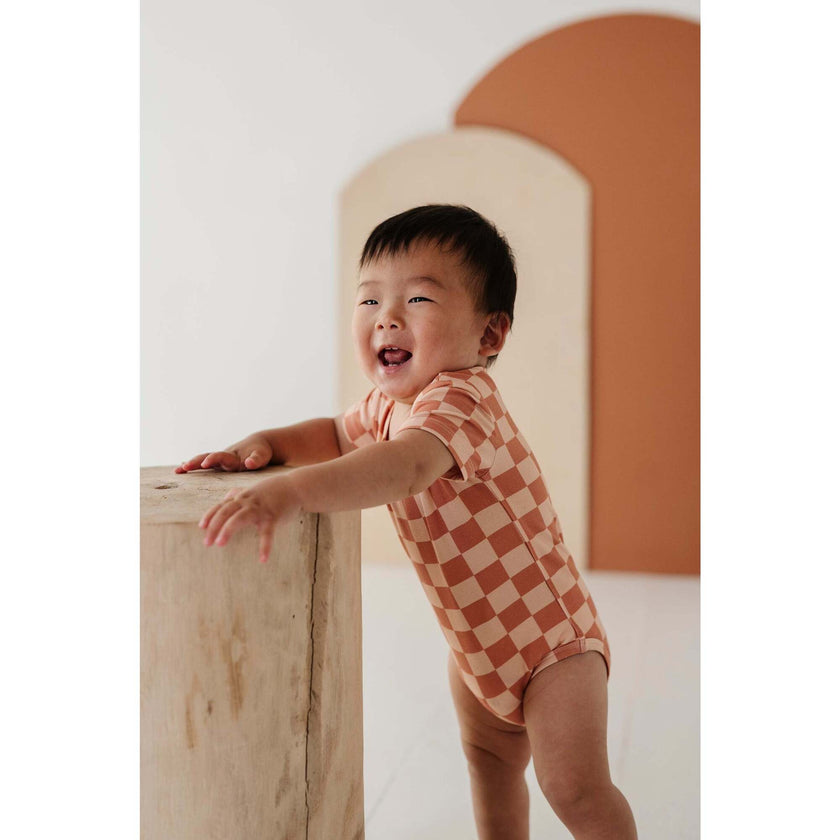 Baby Short Sleeve Bodysuit Checker in Sunset