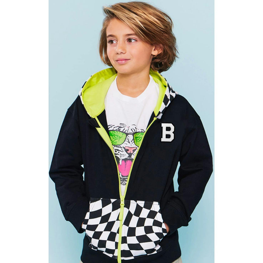 Checker Zip Hoodie Sweatshirt, Black