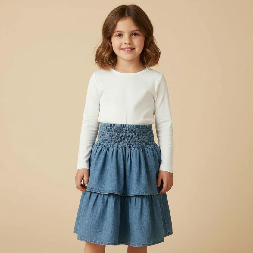 Girls Denim Tiered Short Skirt