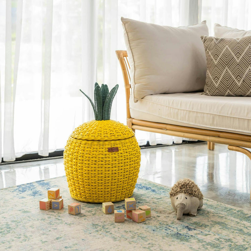 Handcrafted - Pineapple Storage Basket Yellow (Medium) - Rattan Wicker