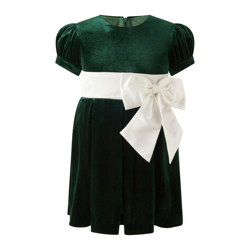 Baby Green Velvet Contrast Bow Dress