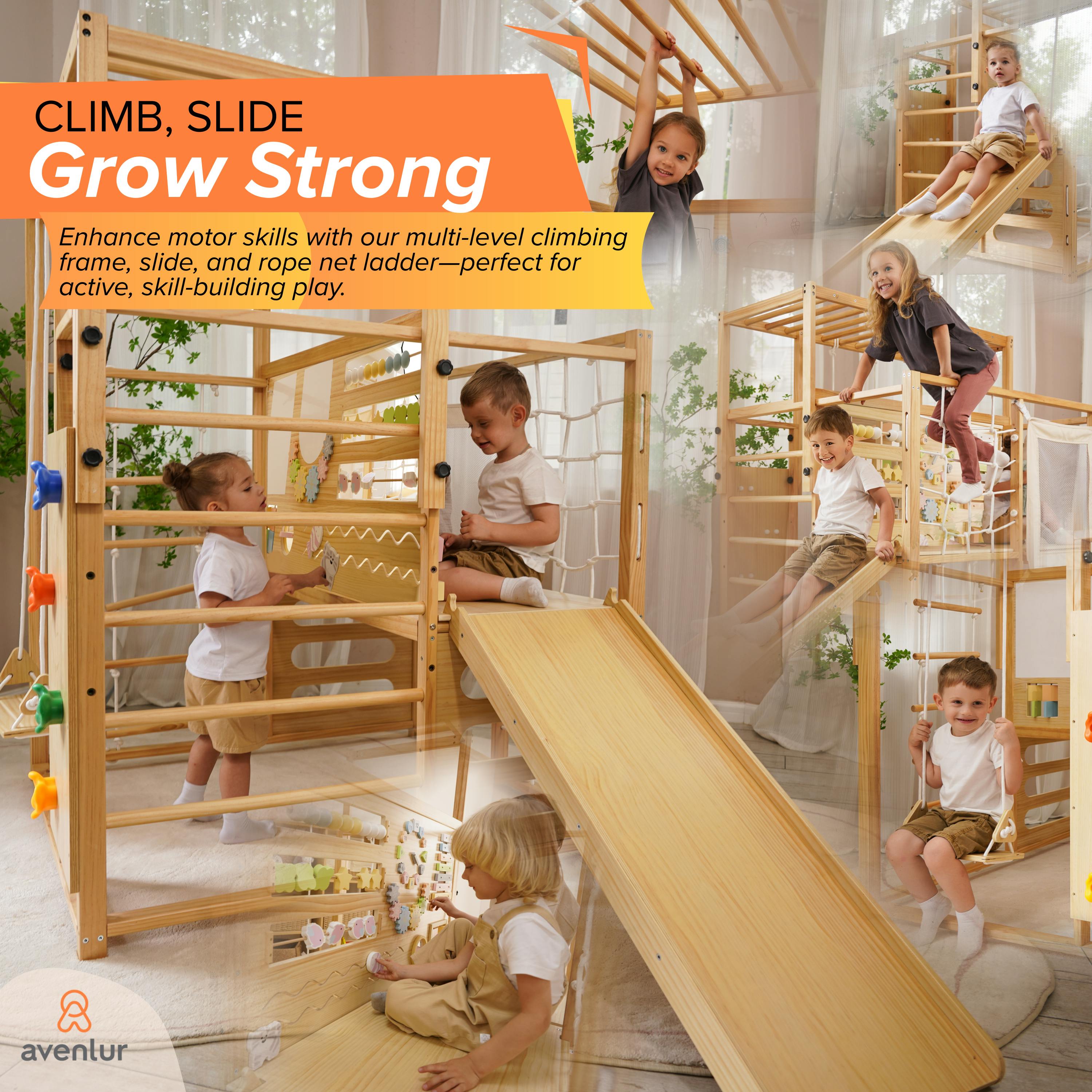 Alpine | Adjustable Indoor Jungle Gym with Slide, Climbing Wall & Monkey Bars