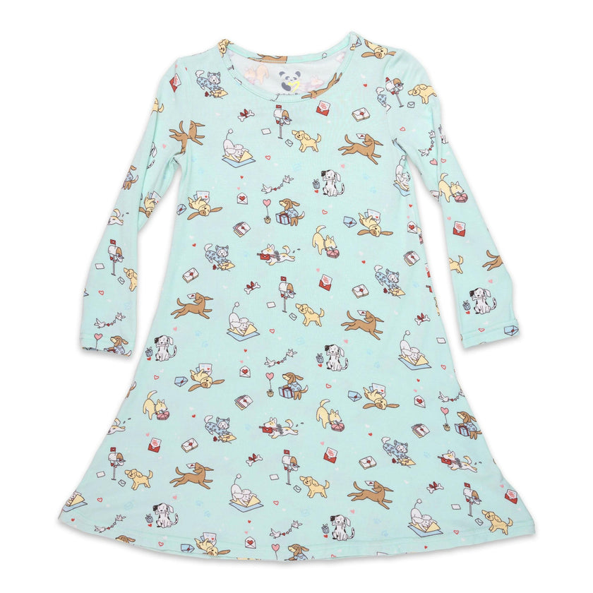 Valentines Pups Bamboo Girls' Long Sleeve Dress