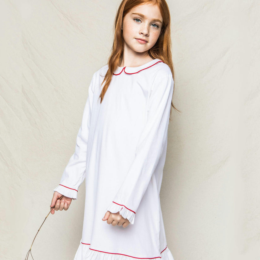 Girl's White Sophia Nightgown with Red Piping