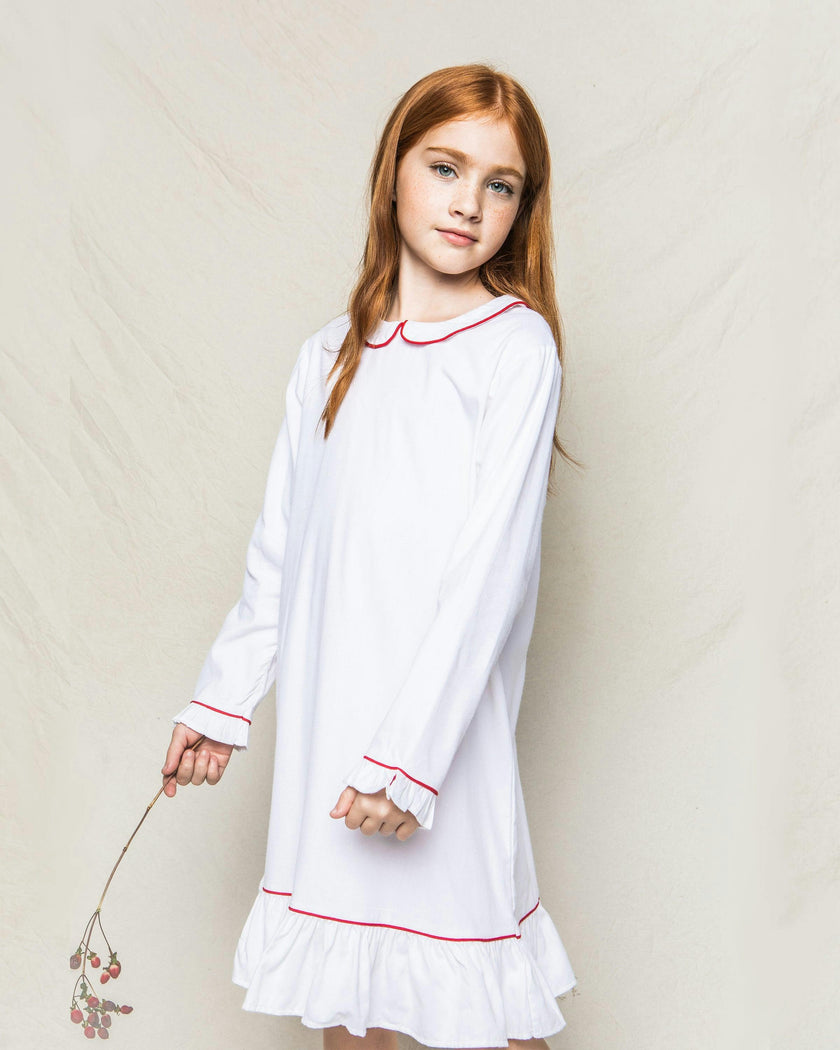 Girl's White Sophia Nightgown with Red Piping