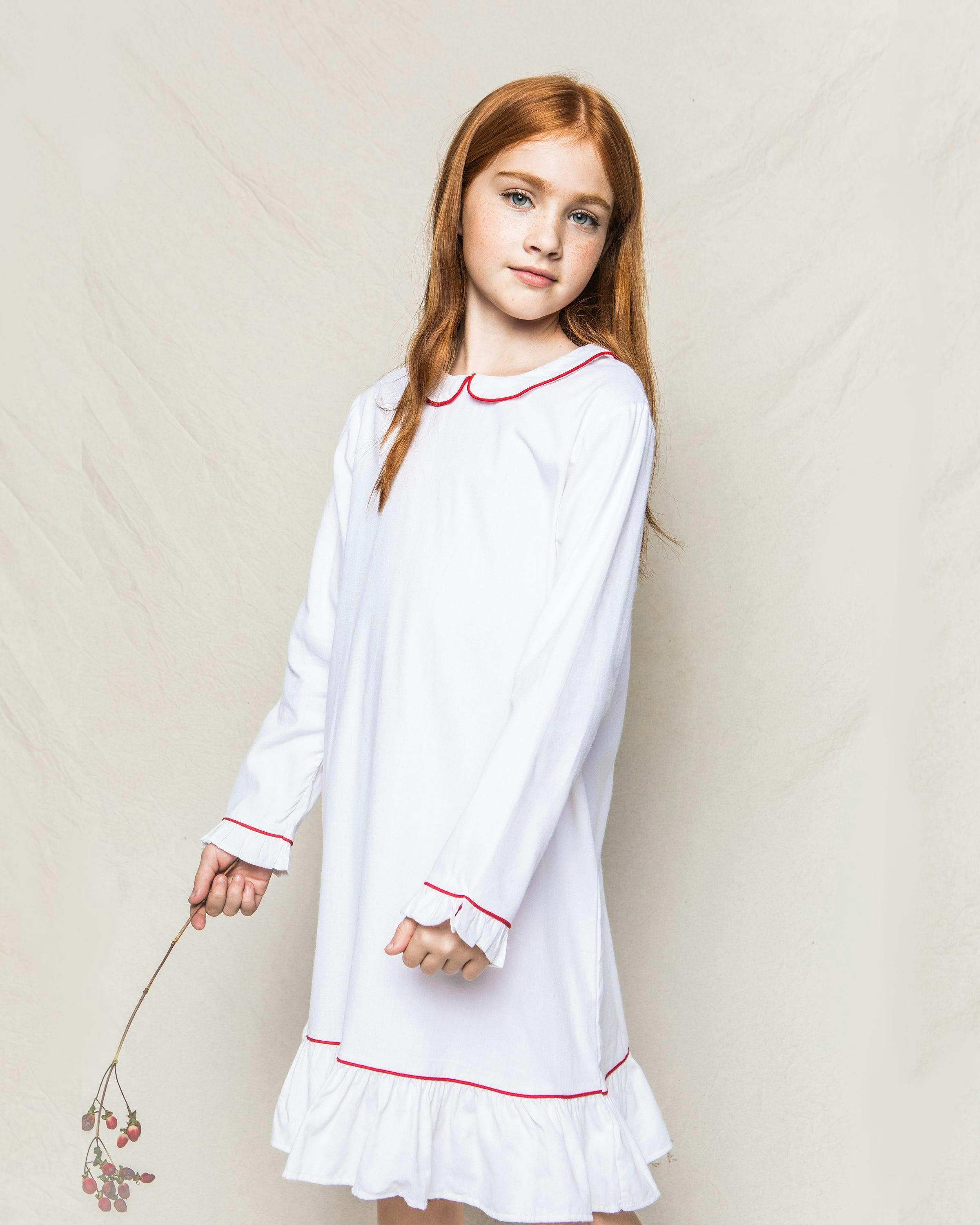 Girl's White Sophia Nightgown with Red Piping