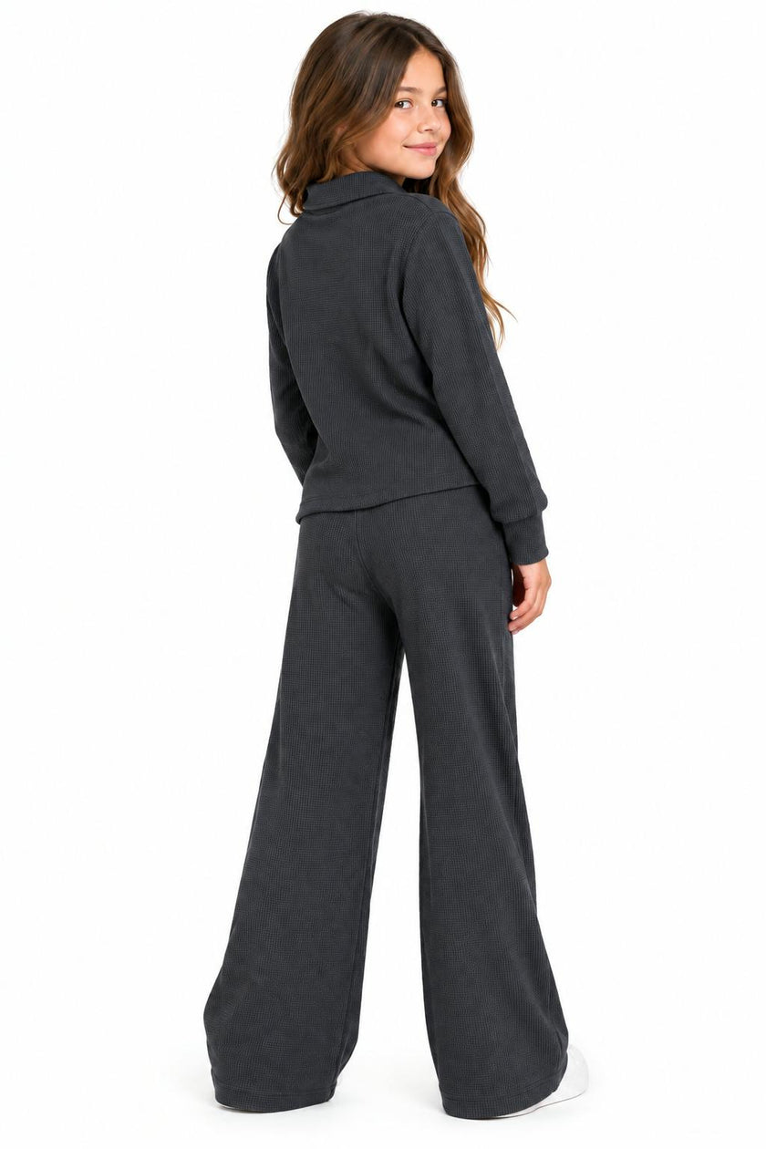 Girls Waffle Button Down and Flare Pants Set