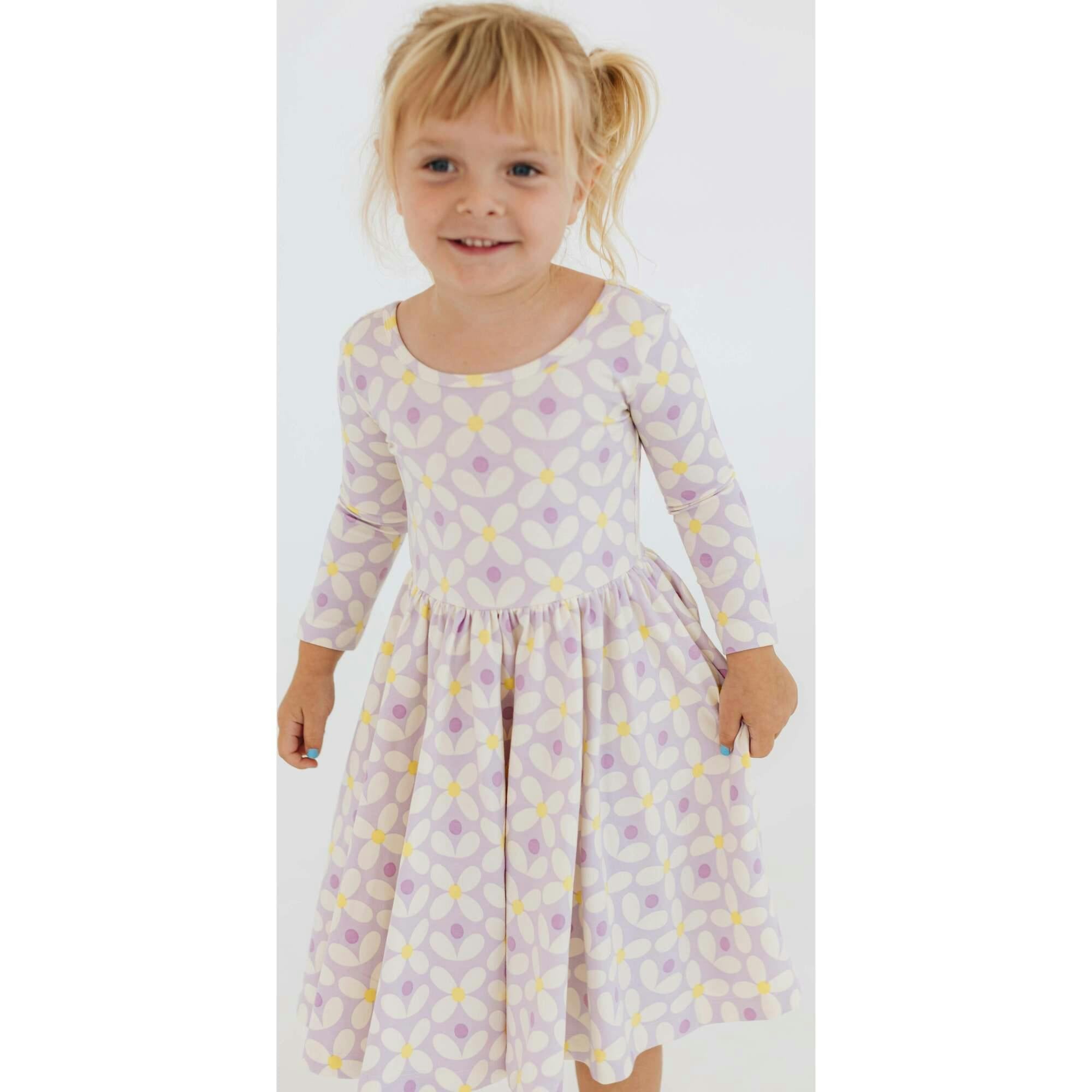 3/4 Sleeve Twirl Dress in Pale Purple Petals