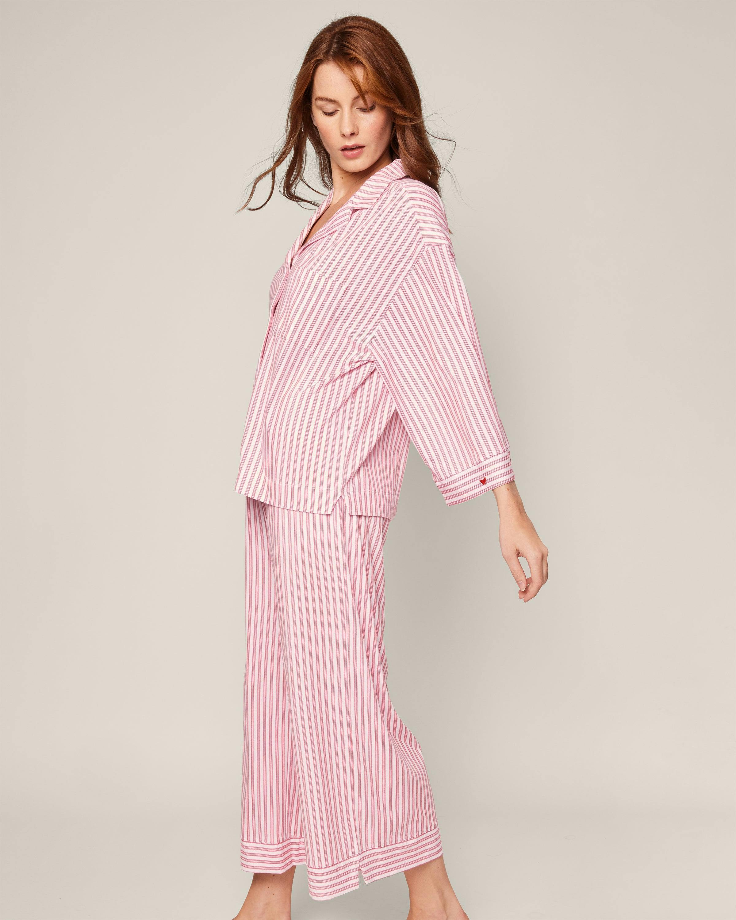 The Olivia Wide Leg Pima Pajama Set in Antique Red Ticking