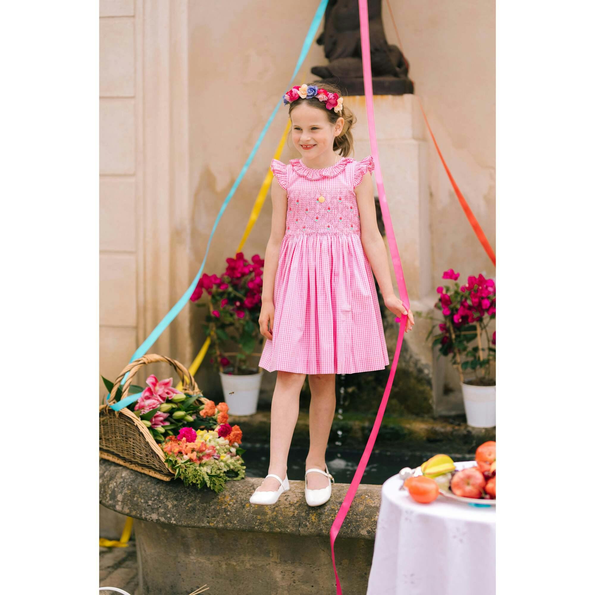 Tulip Pink Gingham Frilled Cap Sleeve Smocked Dress