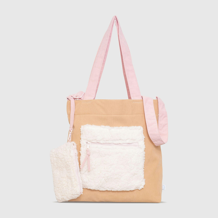 Color Block Tote – Corduroy & Sherpa Bag with Double Pockets + Cozy Coin Purse, Curry