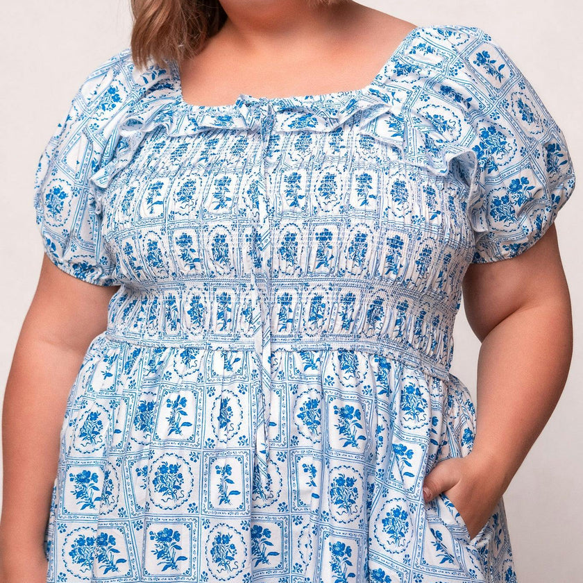 Mae Dress in Blue Floral Stamp