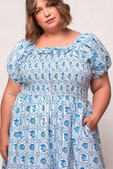 Mae Dress in Blue Floral Stamp