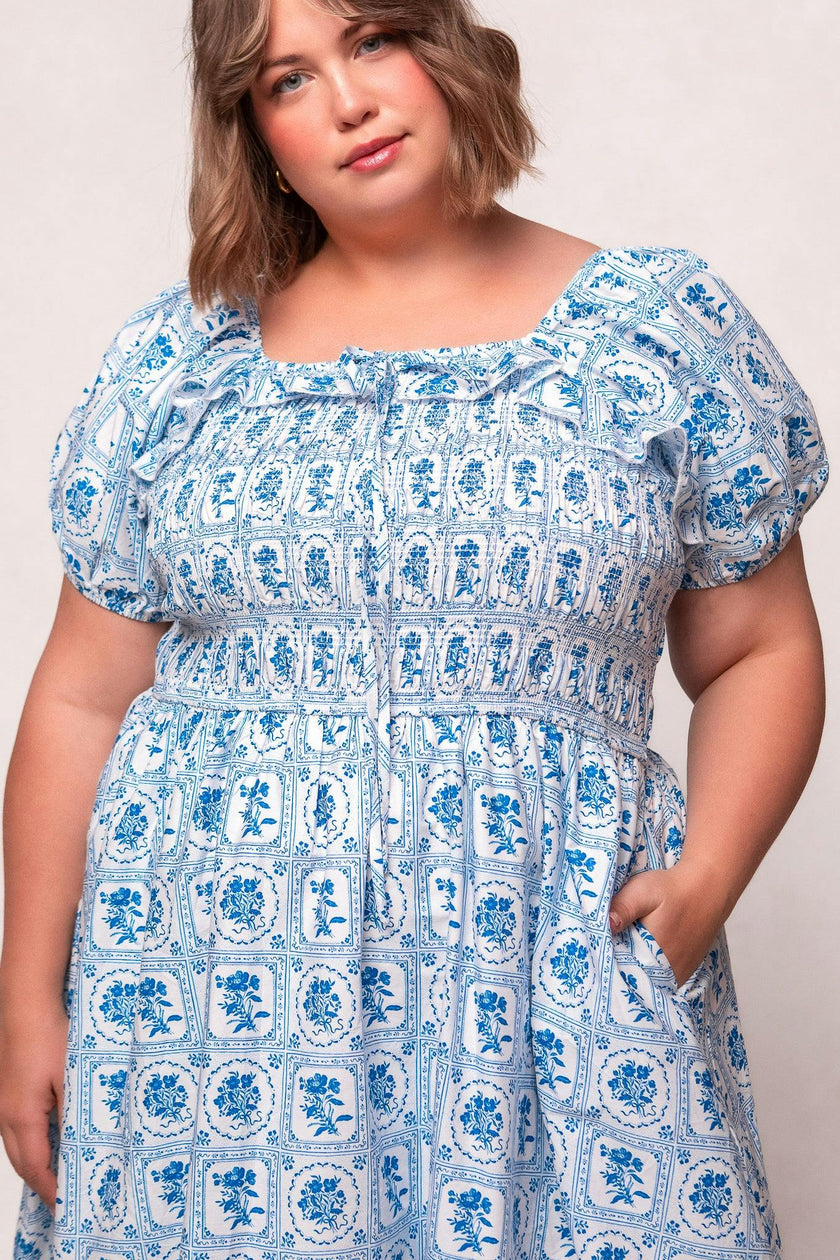 Mae Dress in Blue Floral Stamp