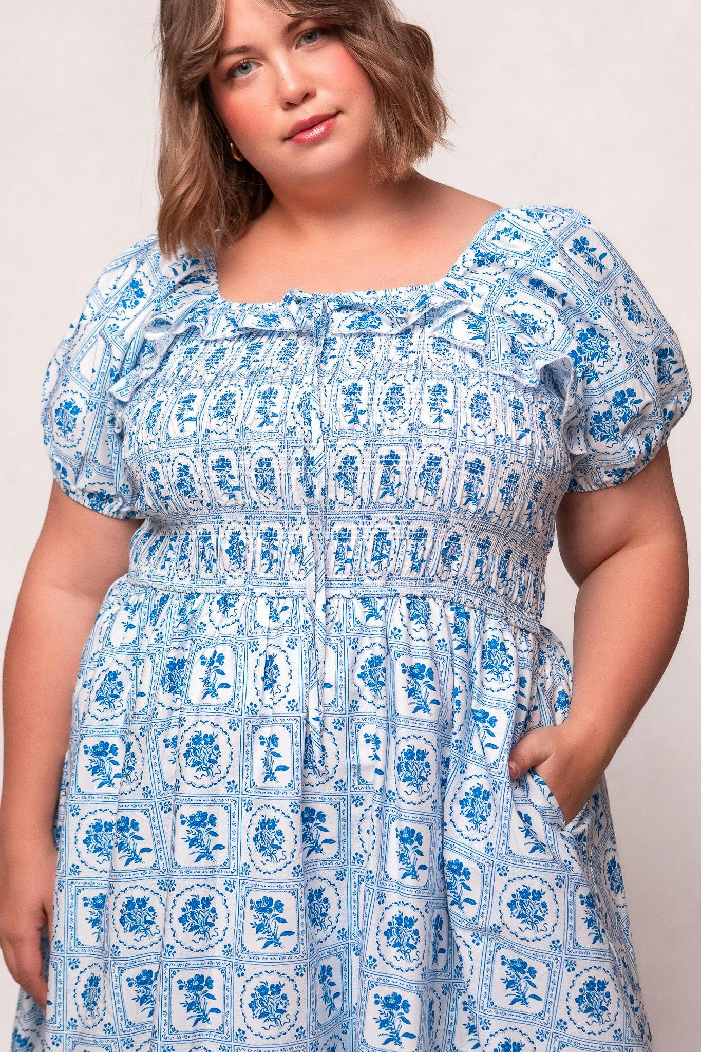Mae Dress in Blue Floral Stamp