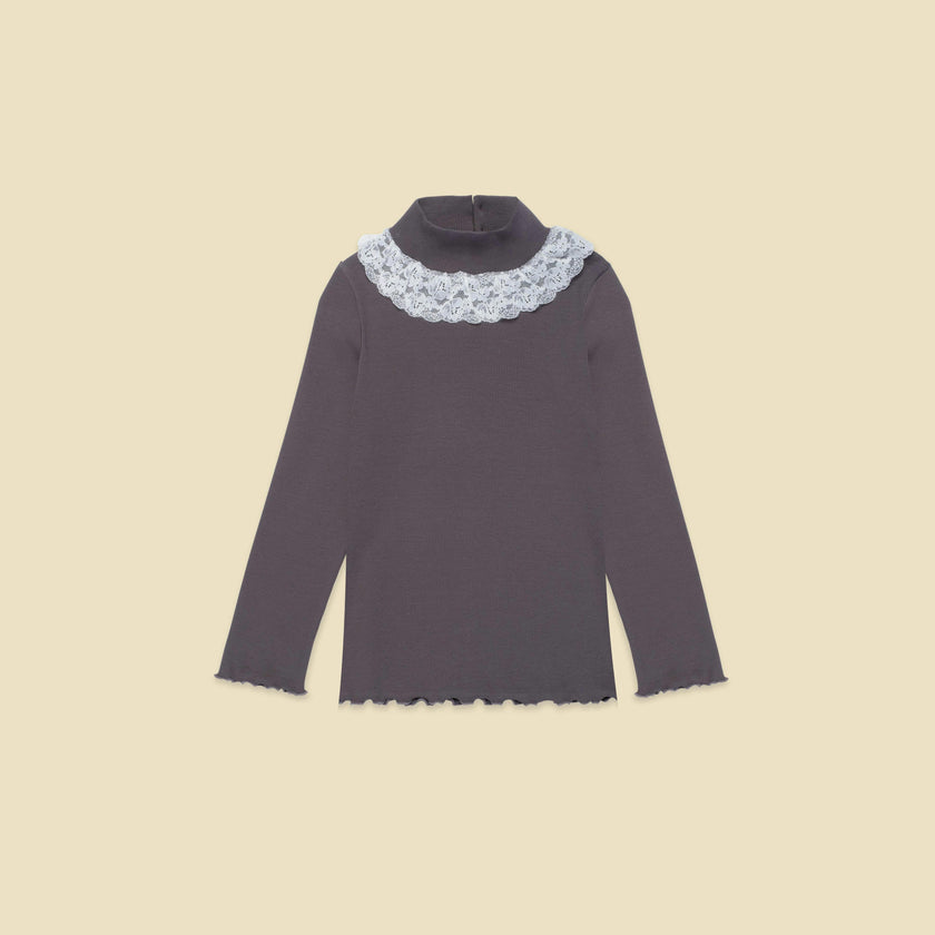 Ribbed Mock Neck with Lace Collar in Midnight Slate