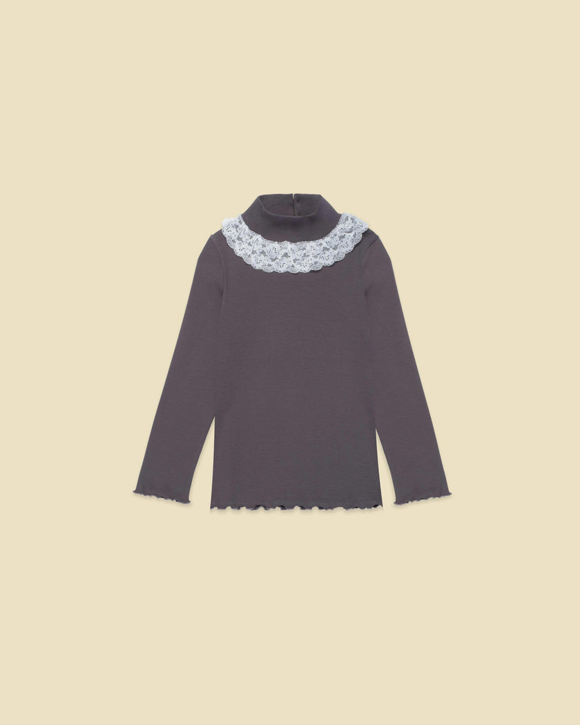 Ribbed Mock Neck with Lace Collar in Midnight Slate