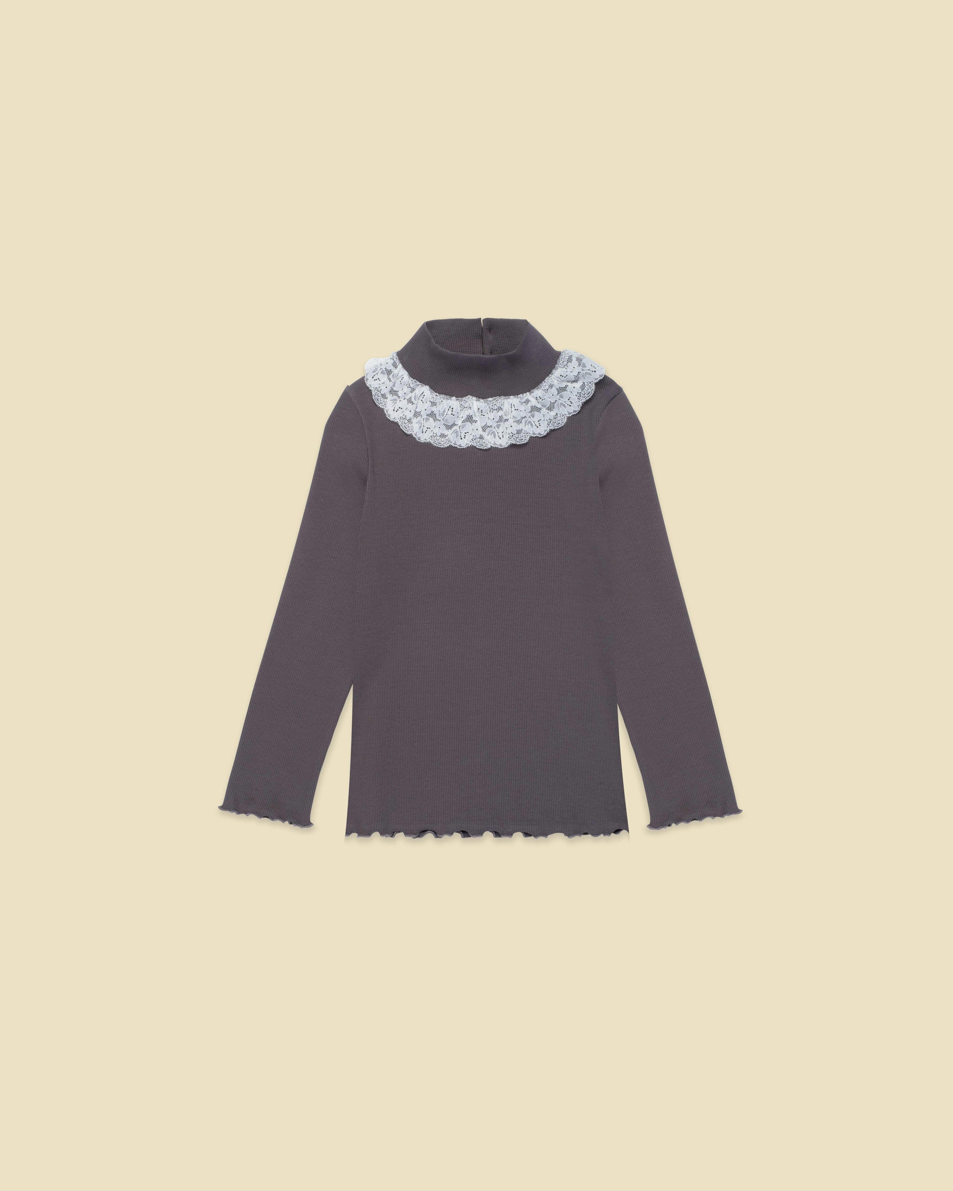 Ribbed Mock Neck with Lace Collar in Midnight Slate