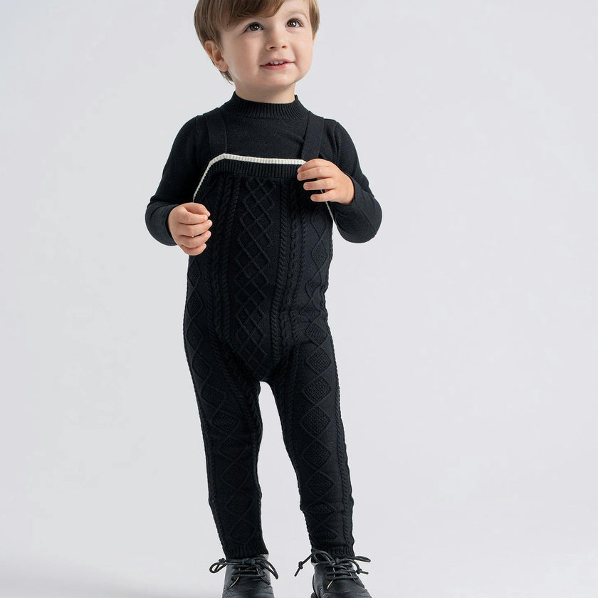 Cable Knit Overall Set Black