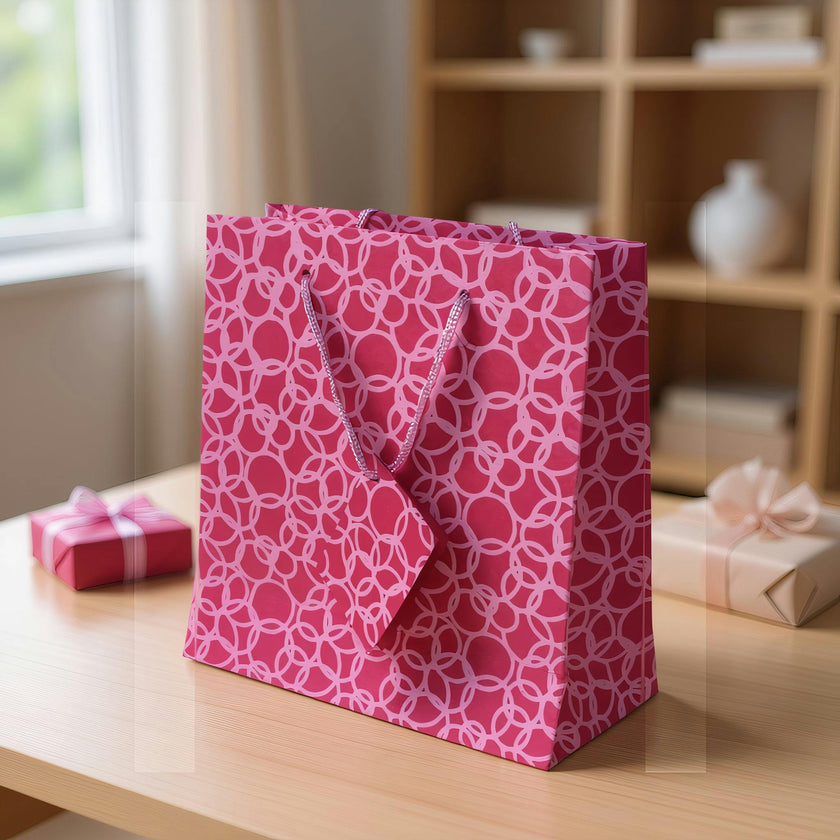 Set of Six Recycled Cotton Gift Bags Tag Pink Circles Design