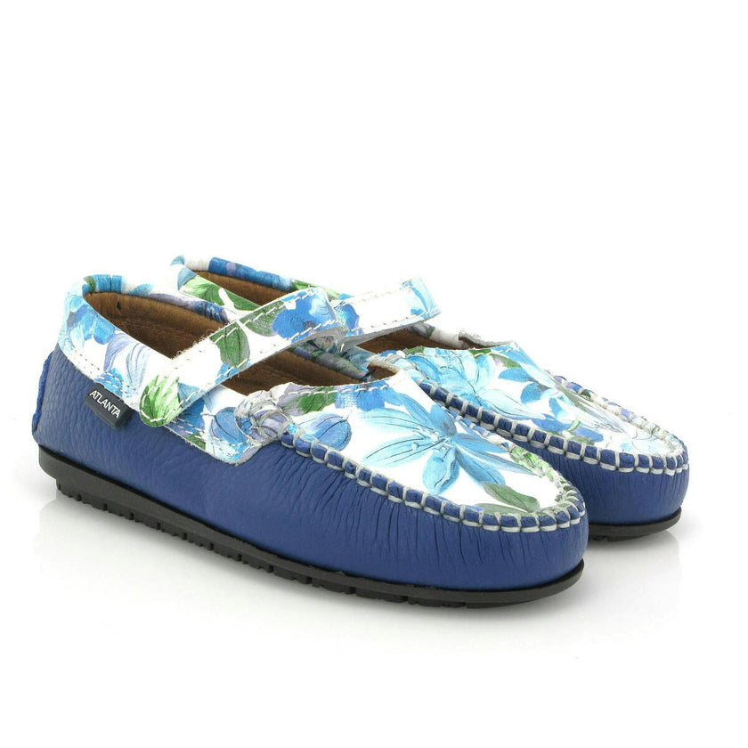 Mary Jane Moccasins, Blue Submarine Printed Leather