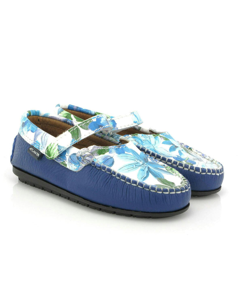 Mary Jane Moccasins, Blue Submarine Printed Leather