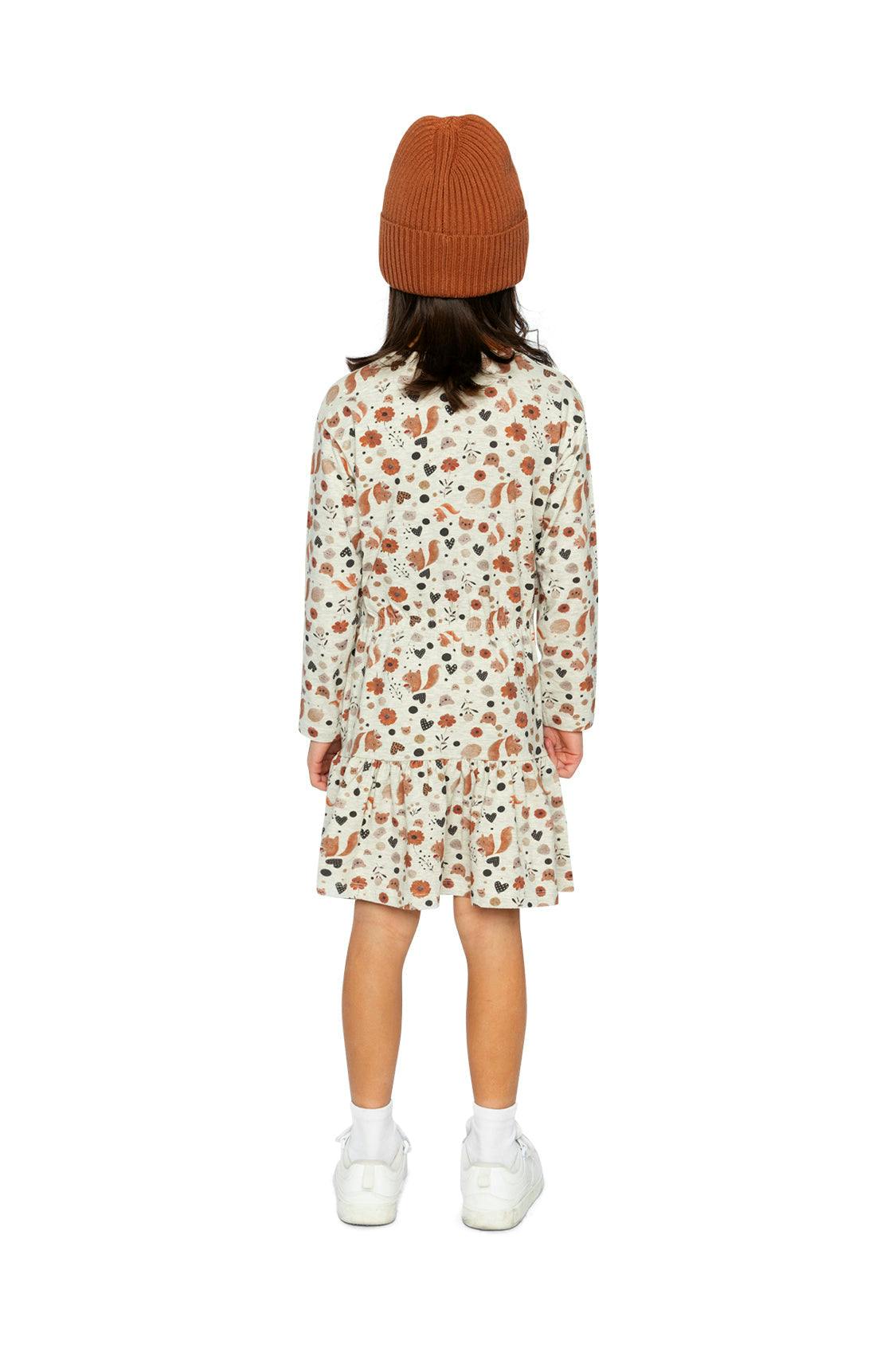 Organic Cotton Dress Beige With Squirrel Print