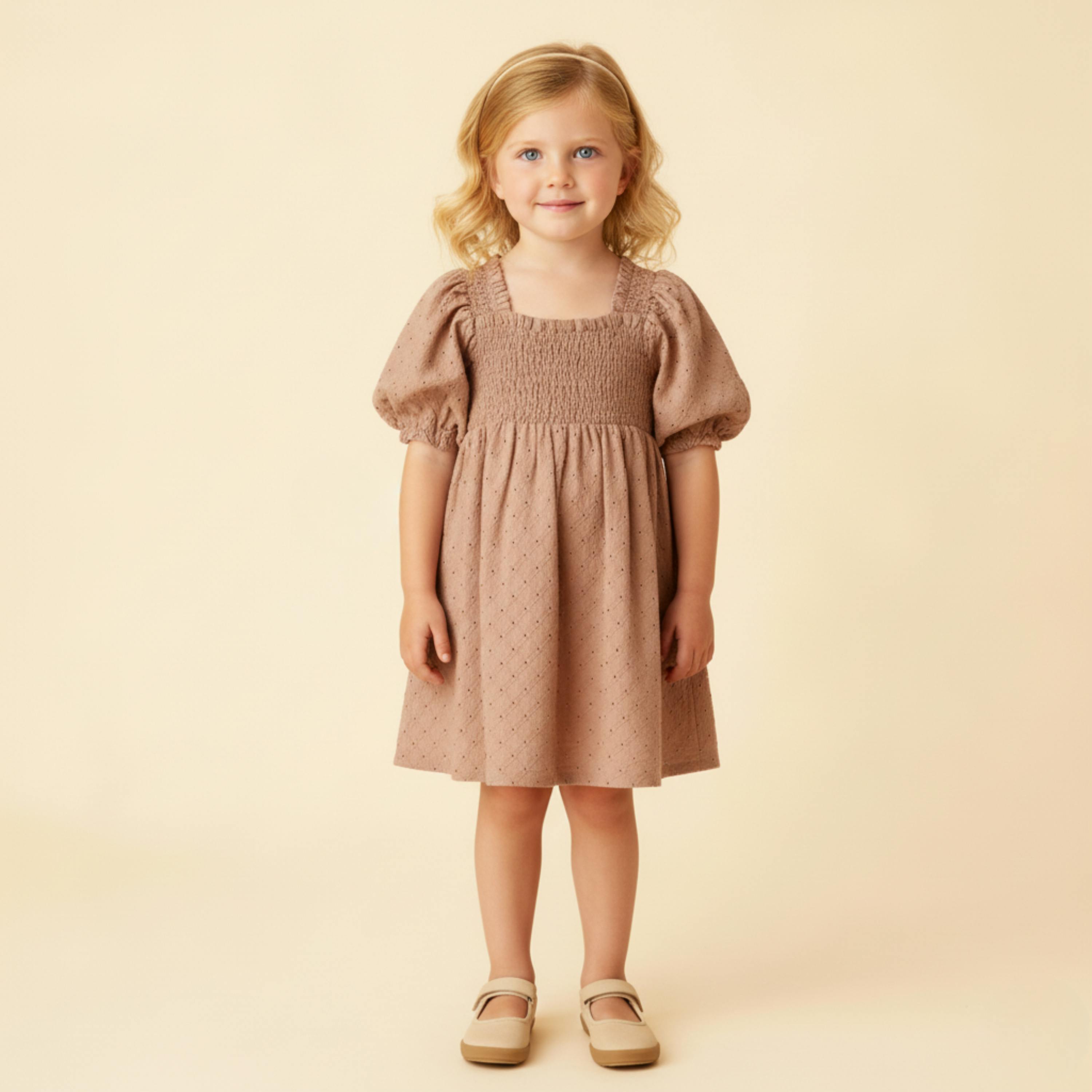 Organic Eyelet Bubble Sleeve Dress - Clay Eyelet