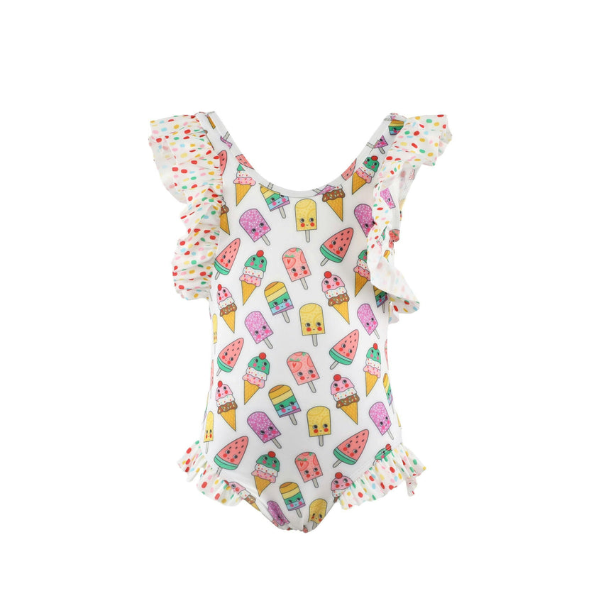 Rainbow Ice Cream Ruffle Sleeve One-Piece Swimsuit