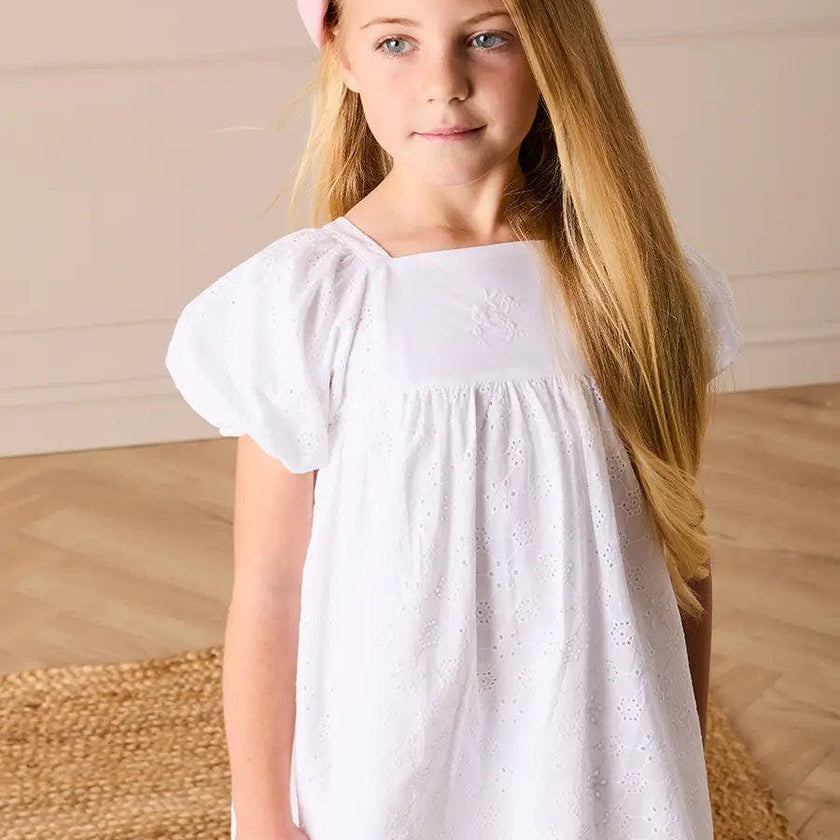 Flower Embroidered Broderie Anglaise Short Sleeve Dress in White (12mths-12yrs)