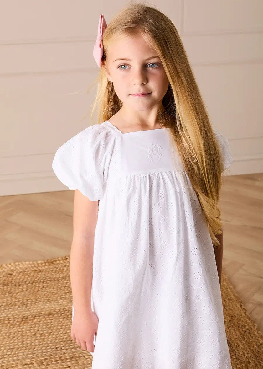 Flower Embroidered Broderie Anglaise Short Sleeve Dress in White (12mths-12yrs)