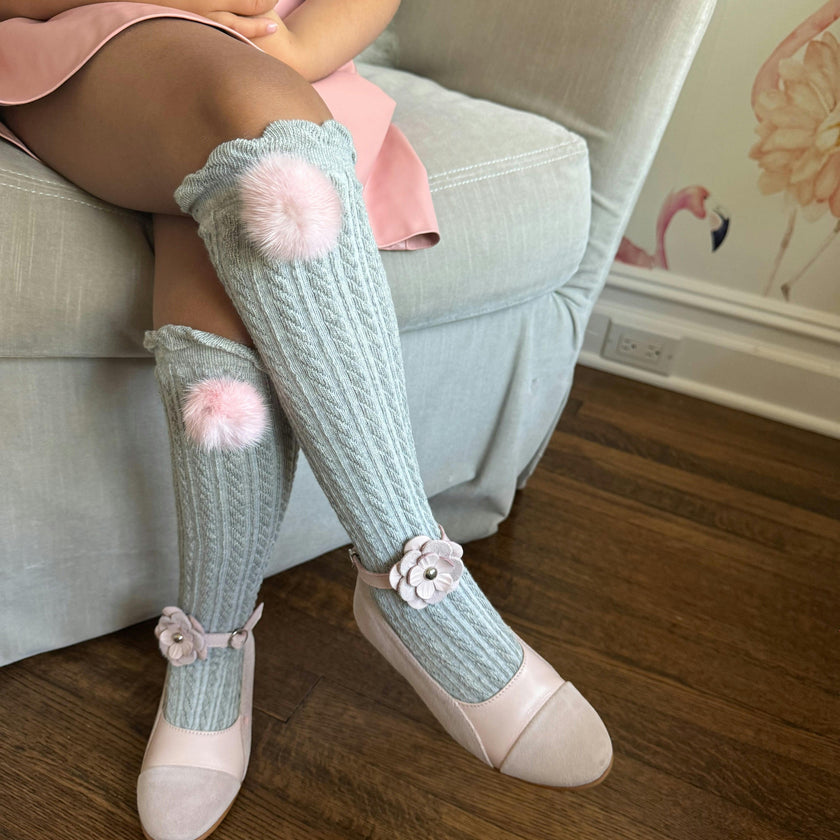 Grey Knee High Socks with Poms
