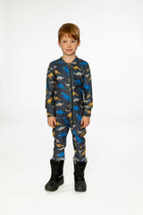 One Piece Thermal Underwear Grey and Blue Dinosaur Print