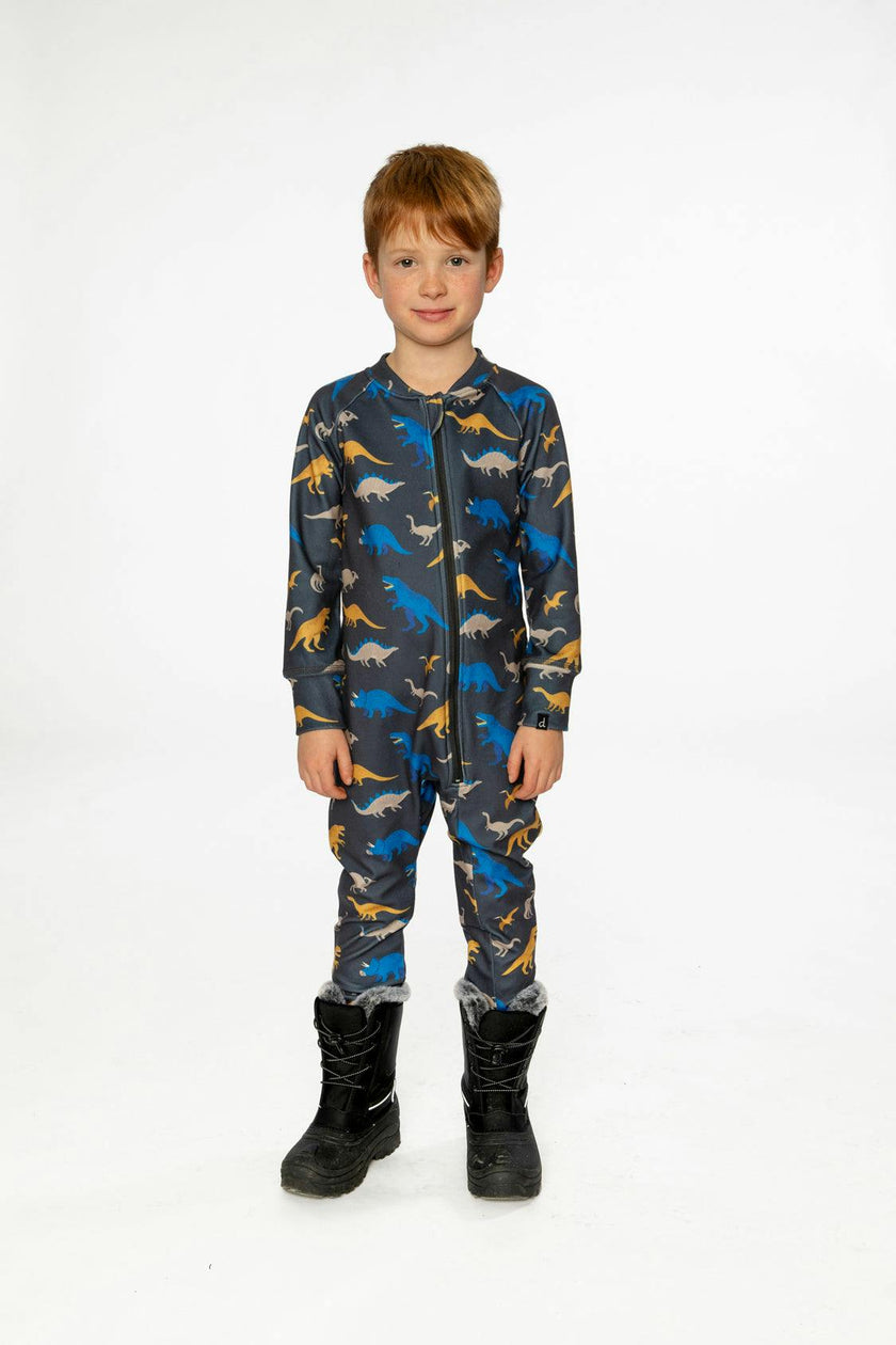 One Piece Thermal Underwear Grey and Blue Dinosaur Print