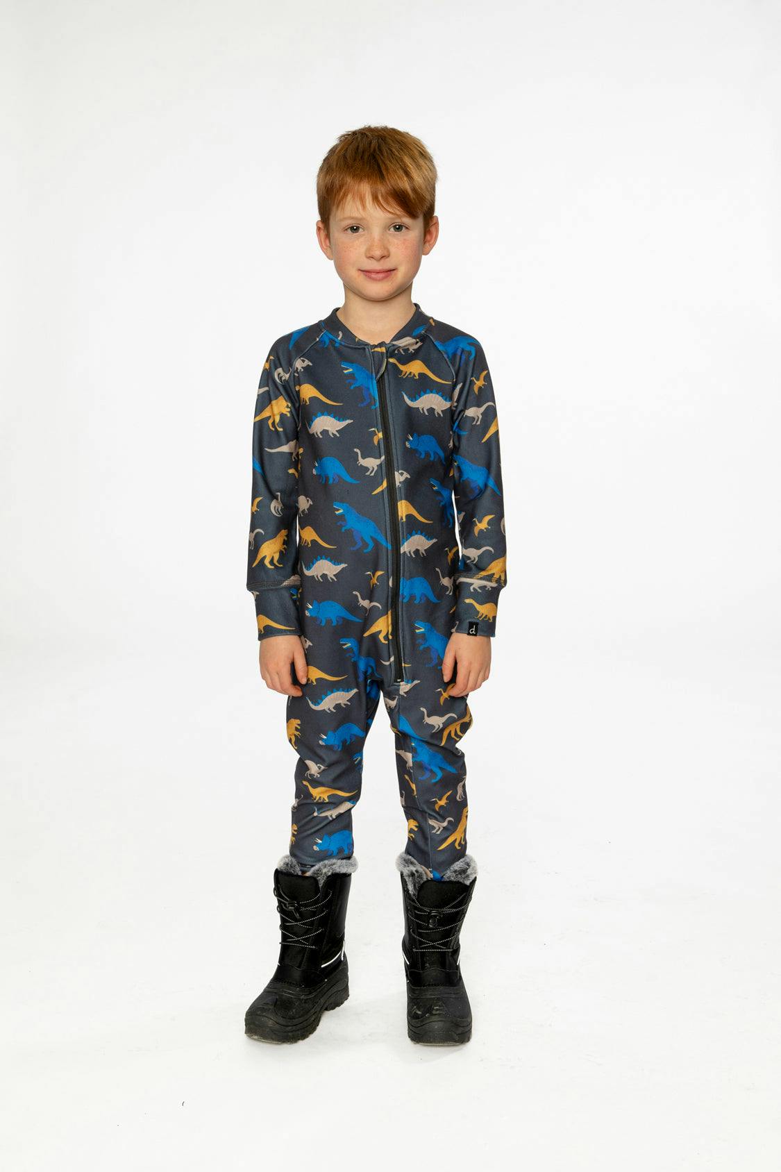 One Piece Thermal Underwear Grey and Blue Dinosaur Print