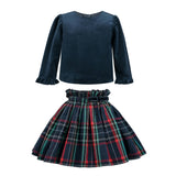 Navy & Plaid Two-Piece Bow Skirt Set