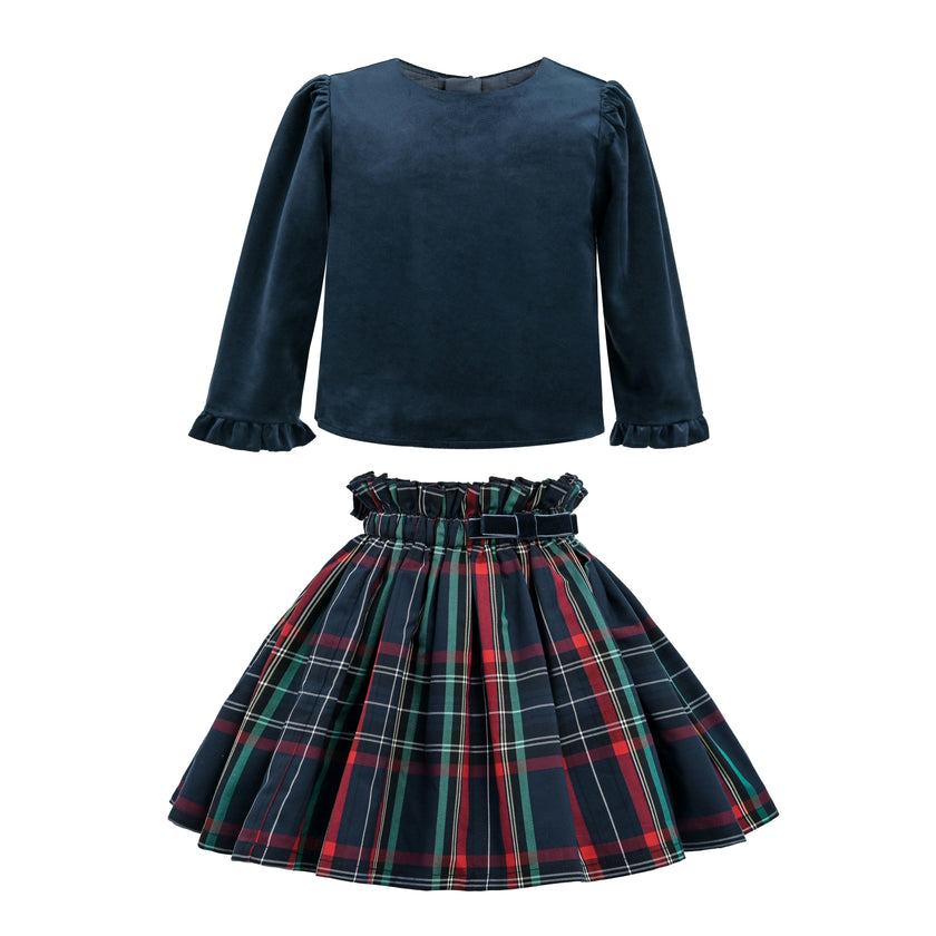 Navy & Plaid Two-Piece Bow Skirt Set