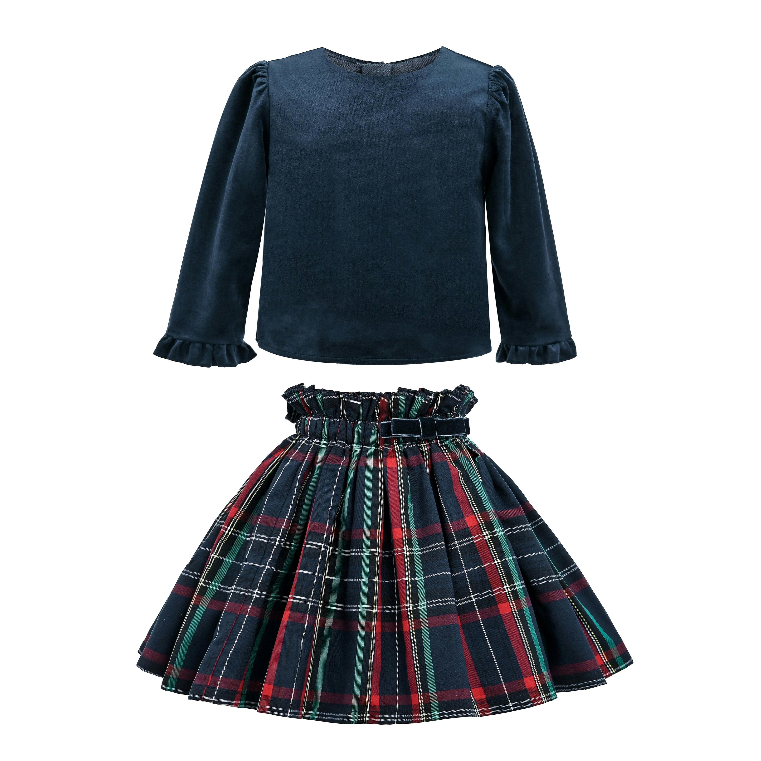 Navy & Plaid Two-Piece Bow Skirt Set