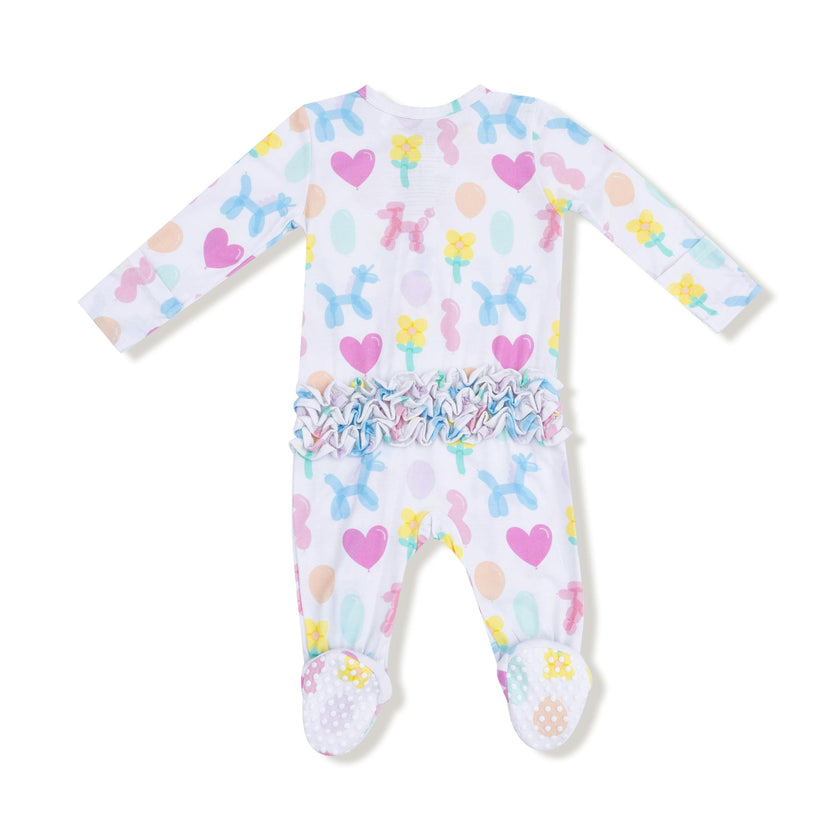 Balloon Animals - Pink - 2 Way Zipper Ruffle Back Footie