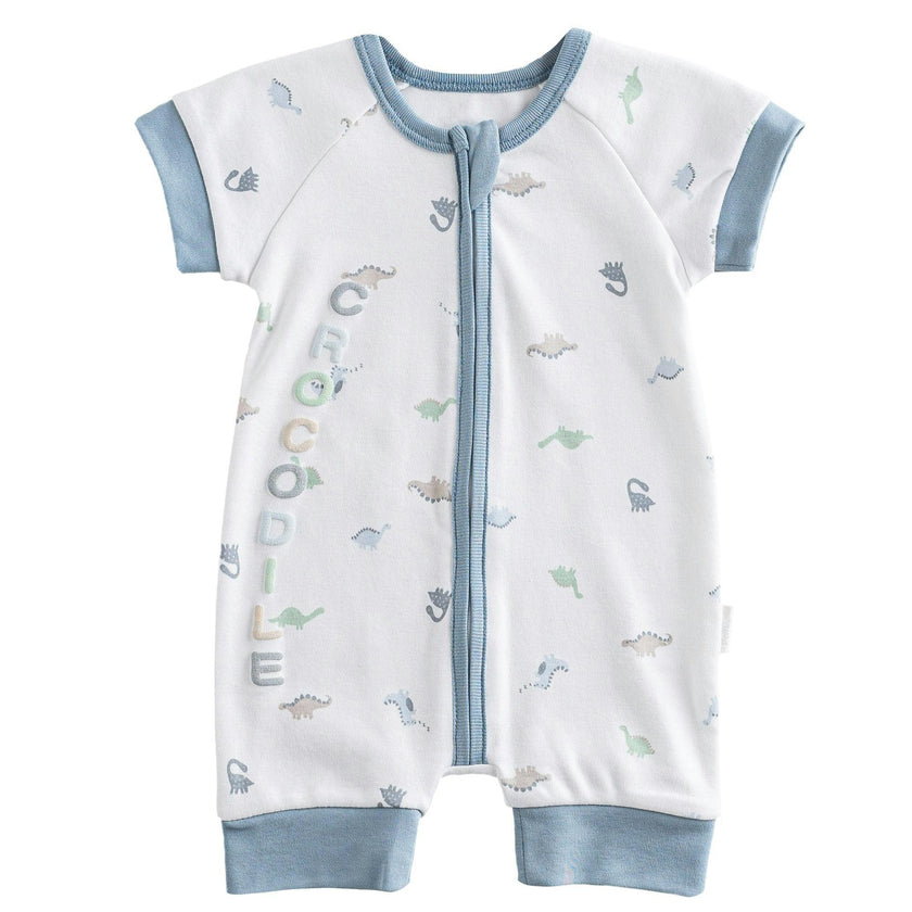 White Dinosaur Print Zip Up Romper