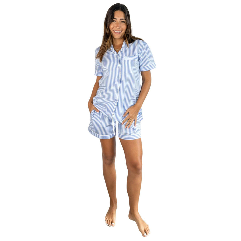 Women's Braddock Classic Short PJ Set - Blue Stripe Organic Cotton Poplin