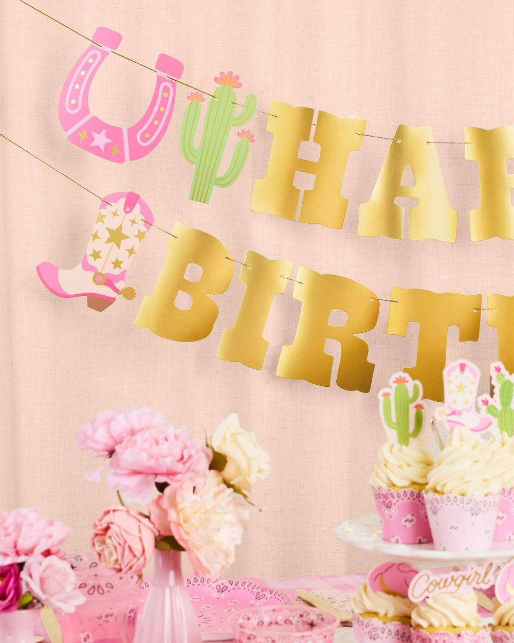 HBD Cowgirl Banner - gold foil banner