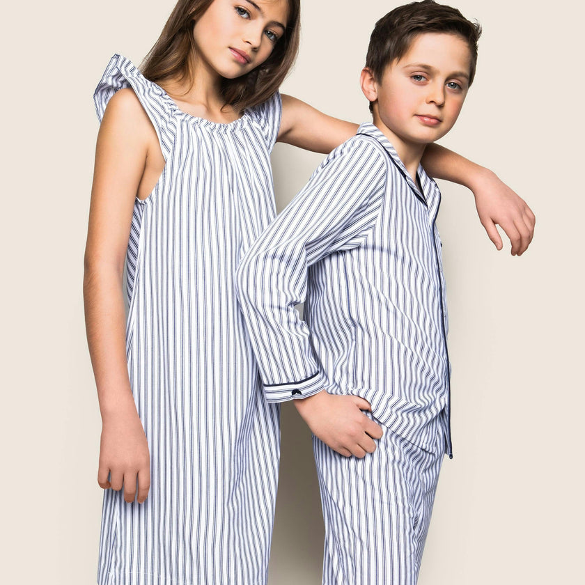 Girl's Twill Isabelle Nightgown in Navy French Ticking