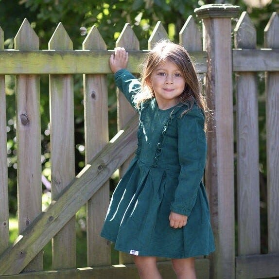 Long Sleeve Ruffle Dress in Green Corduroy