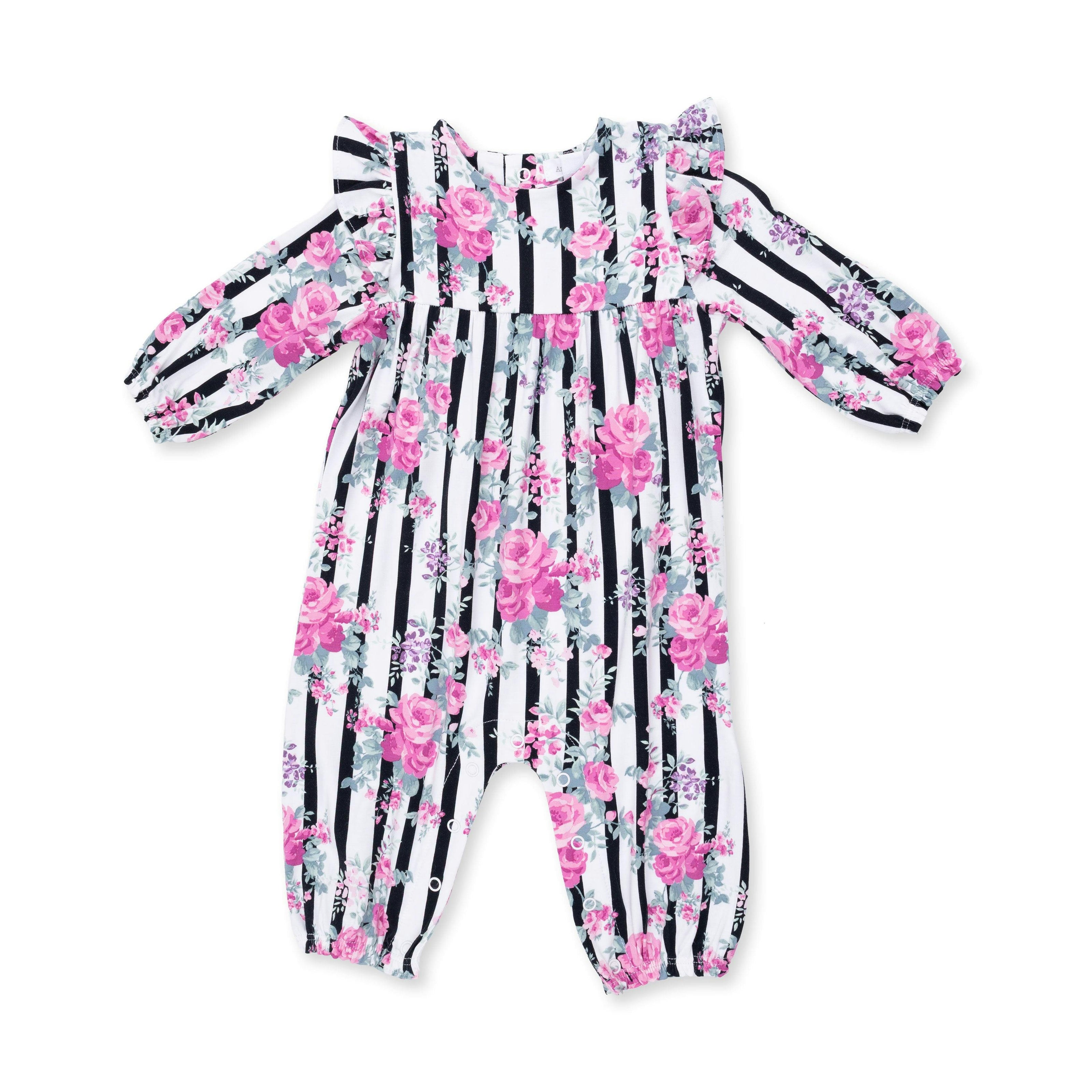 Cabbage Rose Stripe - Ruffle Sleeve Snap Romper