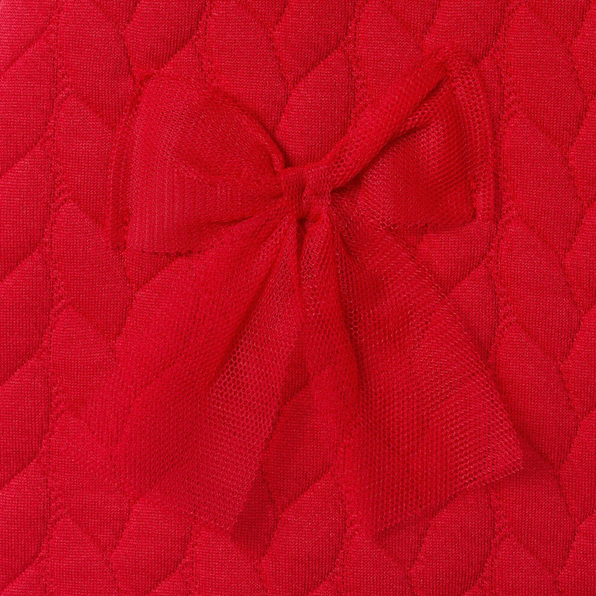 Infant Girls (0-12M) Quilted Knit Dress & Headband Set | Tulle Bows - Red