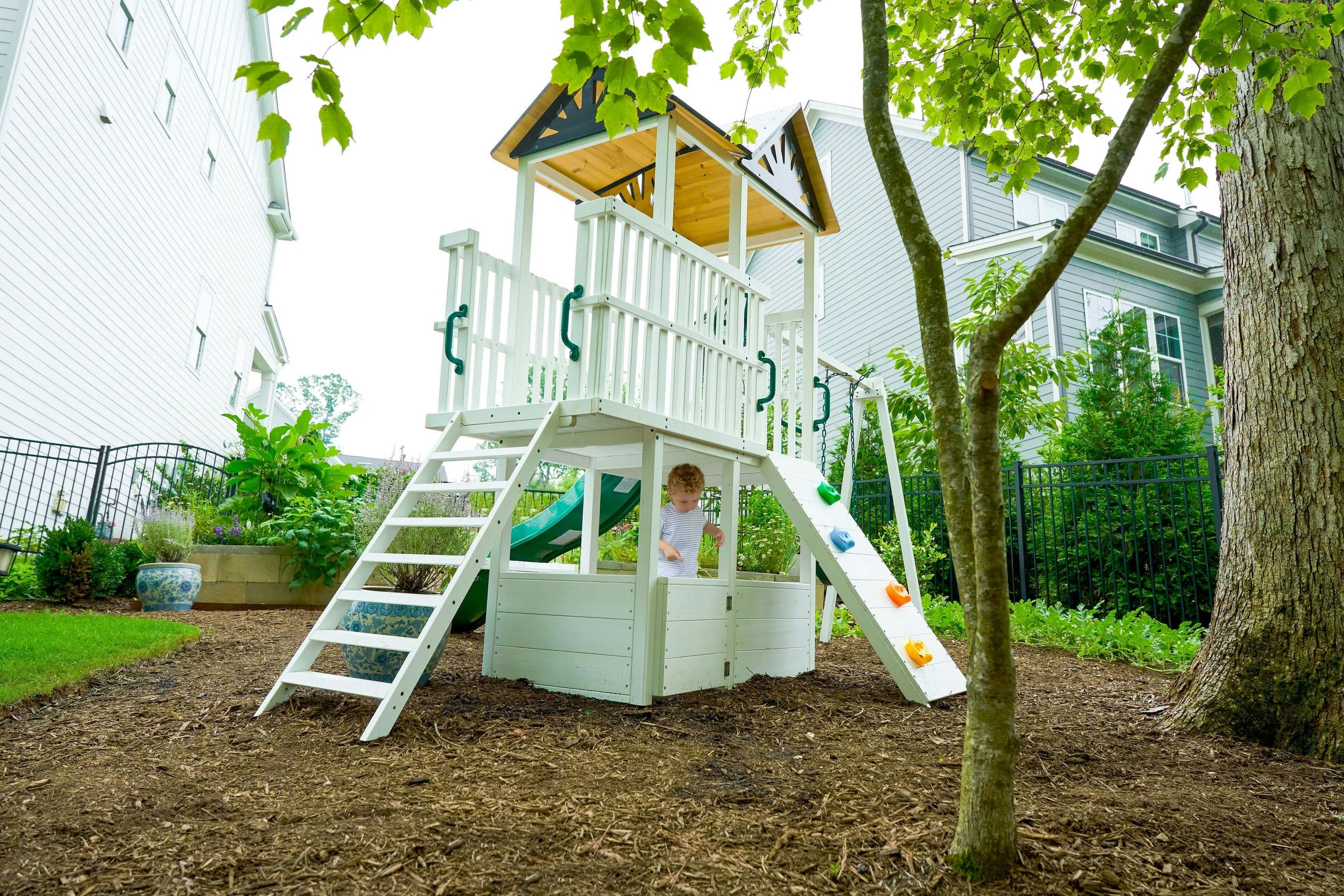Craftsman | Modern Wooden Swing Set with Slide, Climber & Sandbox